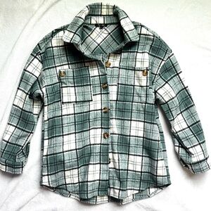 Oversized Plaid Shacket Jacket | Teal Green Cream Wool Blend Flannel Small